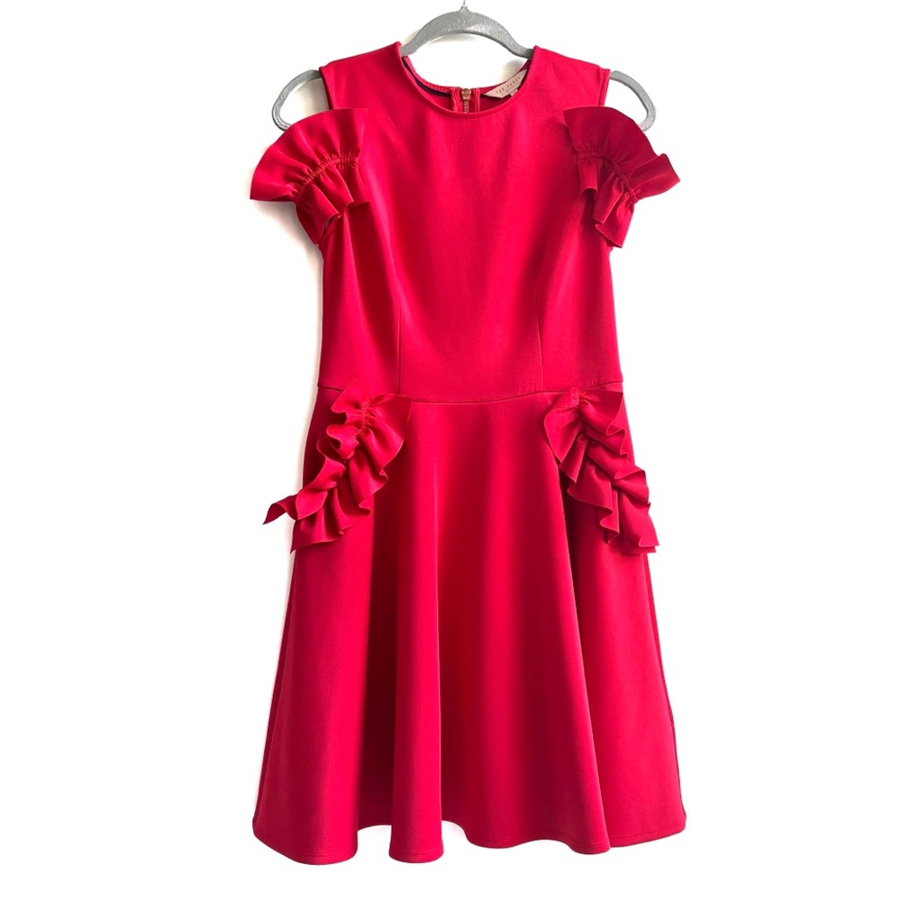 Ted Baker Deneese Ruffled Cold-Shoulder Dress in Bright Red Size 2
